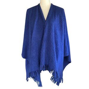 Coldwater Creek Blue Fringe Trim Ruana Wrap Shawl Poncho One Size Polyester Rayo